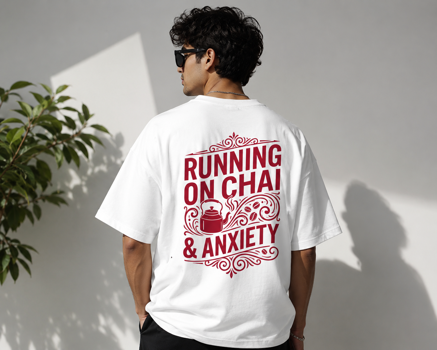 Professionally Tired Oversized Graphic T-Shirt | Running on Chai & Anxiety Back Print | Funny Unisex Cotton T-Shirt