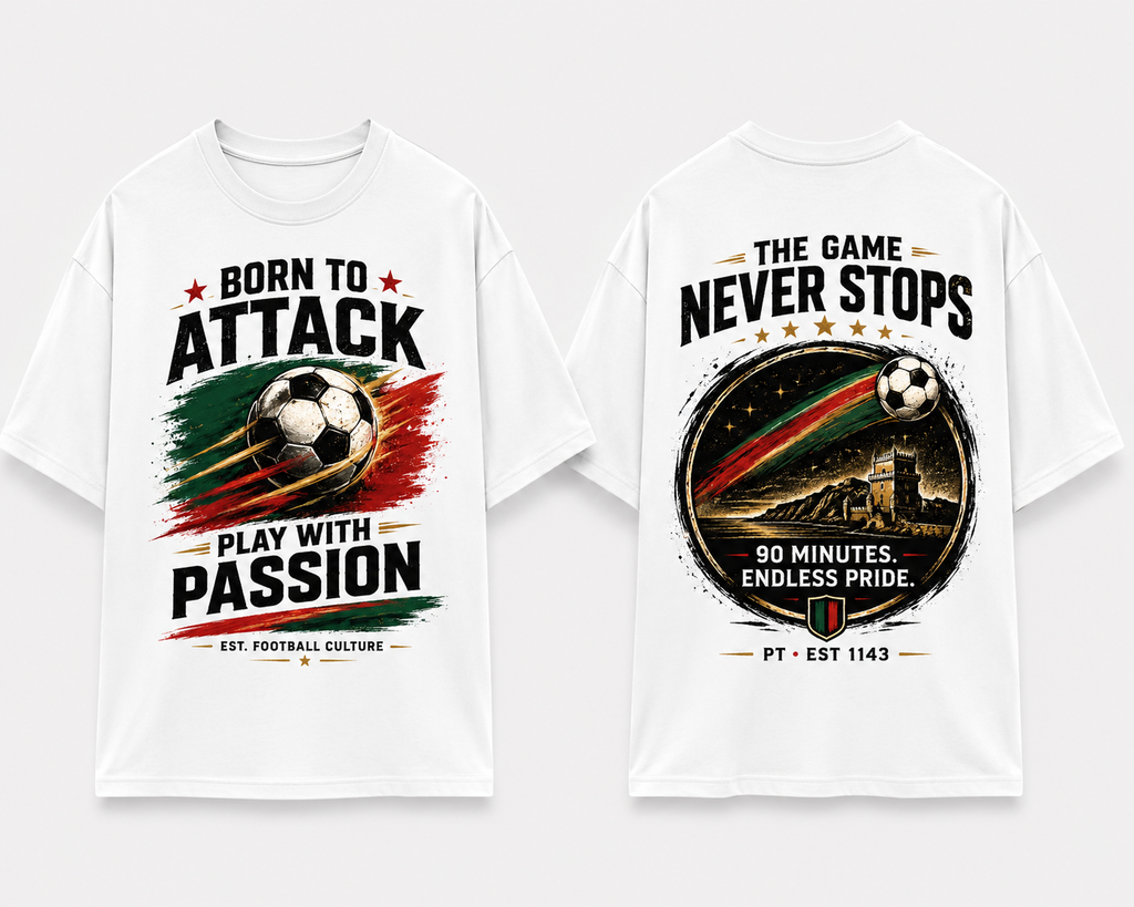 Born to Attack Football Oversized Graphic T-Shirt | The Game Never Stops Back Print | Unisex Soccer Fan T-Shirt