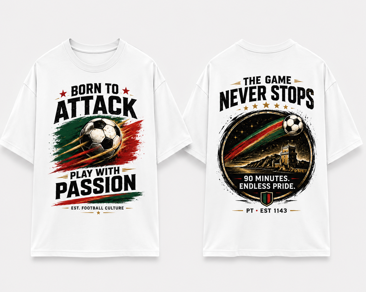 Born to Attack Football Oversized Graphic T-Shirt | The Game Never Stops Back Print | Unisex Soccer Fan T-Shirt